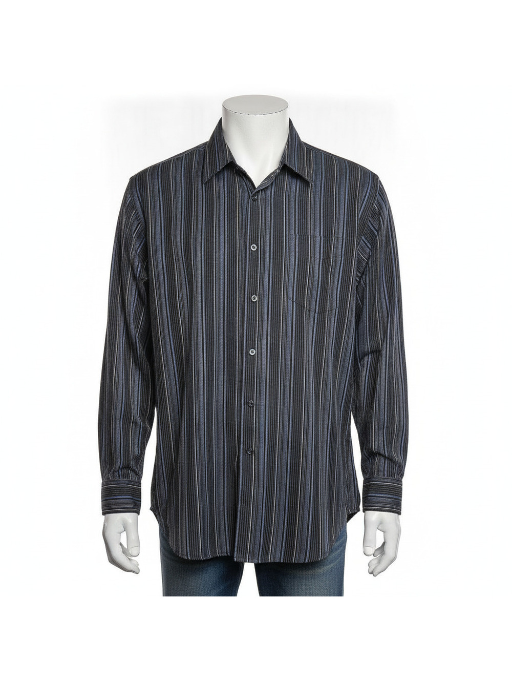 George Men's Black and Blue Striped Long Sleeve Button-Up Shirt, Size XL